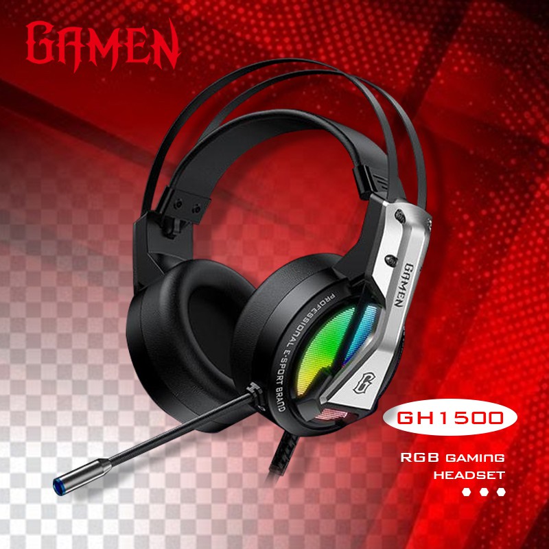 GAMEN GH1500 3.5mm Audio Jack Input RGB LED Light Braided Wire Gaming Headset Black-Garansi