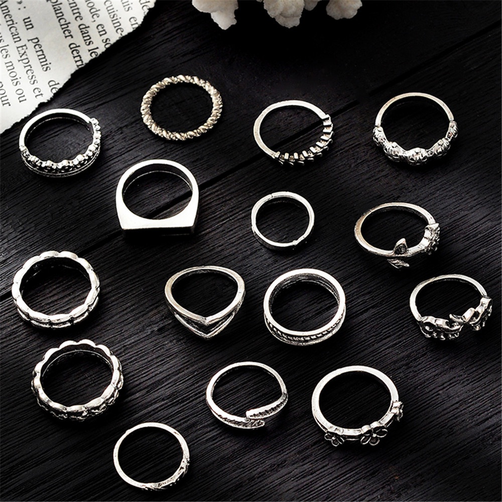 15pcs / set Cincin Bentuk Gajah Bunga Tengkorak Geometris Bahan Logam Gaya Retro Untuk Wanita