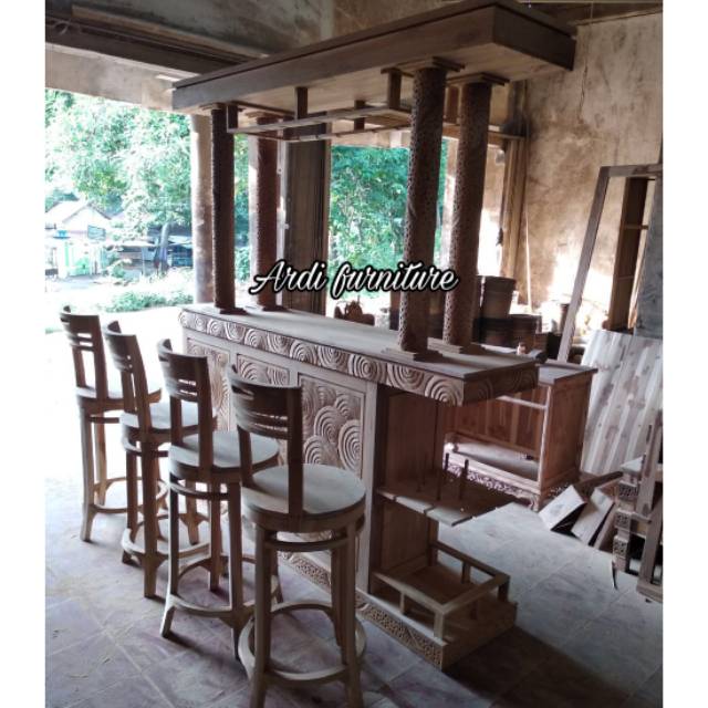 Mini bar meja kafe 4 kursi bisa putar kayu jati kerajinan jepara