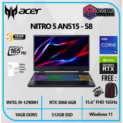 ACER NITRO 5 AN515 I9 12900H 16GB 512SSD RTX3060 6GB W11+OHS 15.6FHD 165Hz - 58.91T4