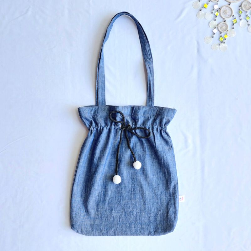 Totebag Serut Blue Denim Tas Kuliah Bahan Jeans