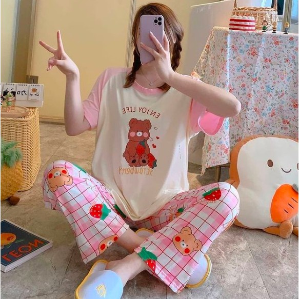 Setelan Baju Tidur Piyama Wanita Dewasa Bear Pink / Kaos Celana Panjang Rumah Adem Murah Bagus Katun