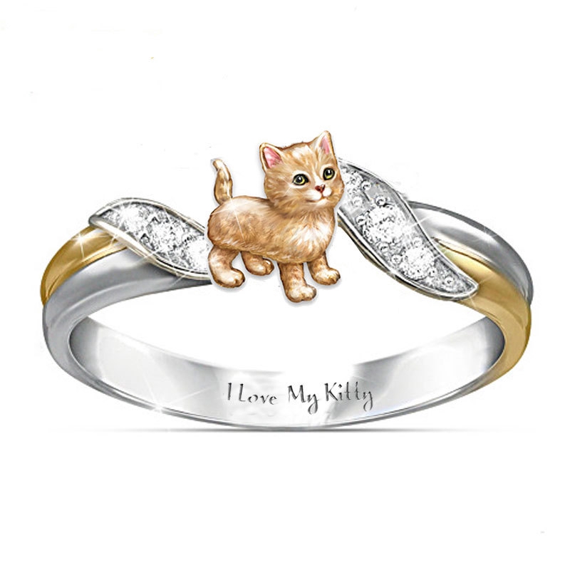 Cincin Zircon Electroplated Desain Kucing Tulisan I Love My Kitty Two-tone