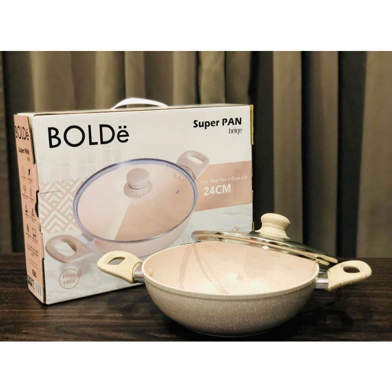 Super PAN Ear Wok ( Wajan ) 24 cm + Glass Lid Beige Original BOLDe