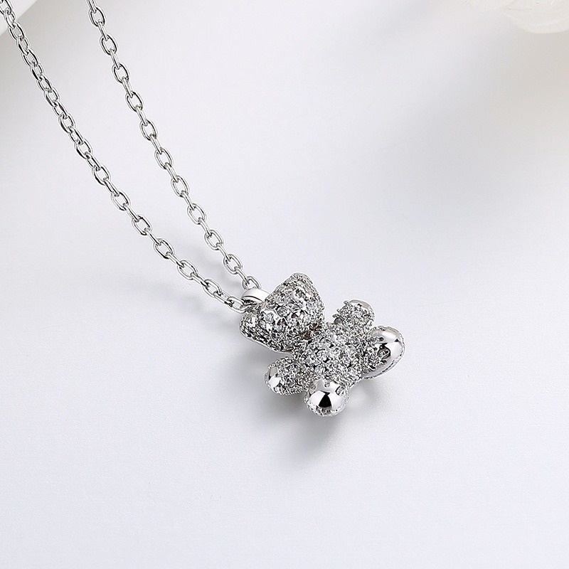 Kalung Rantai Sterling Silver 925 Dengan Liontin Beruang Hias Berlian Imitasi Untuk Wanita