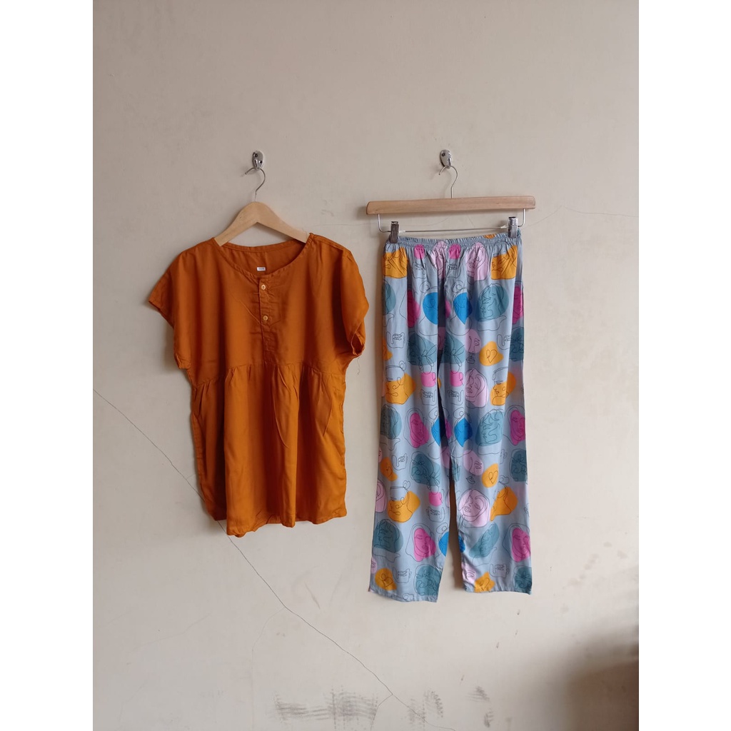 SETELAN BAJU TIDUR PIYAMA WANITA ONE SET PAJAMAS RUFFLE KANCING BUSUI CELANA PANJANG-BBR 36