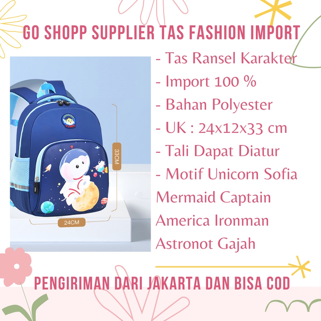 Tas Sekolah Anak Import Premium High Quality Terbaru - Tas Ransel Anak Motif Karakter Lucu -  Tas Ransel Anak Sekolah SD - Tas Anak Karakter Unicorn - Tas Anak Karakter Captain America - Tas Anak Karakter Ironman - Backpack Anak Sekolah Unisex [BK12]