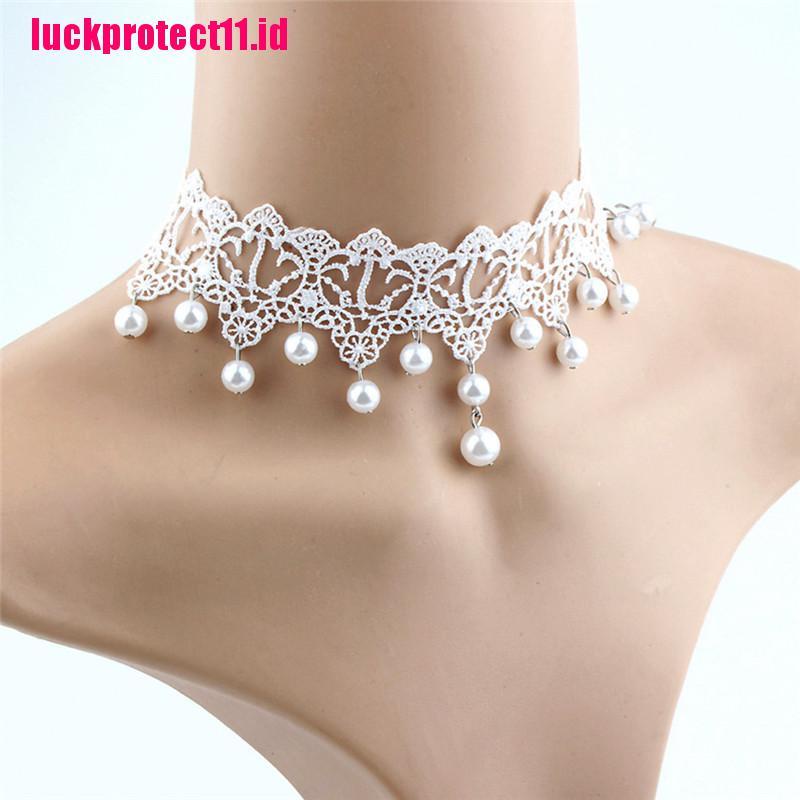 (LUCK) Kalung Choker Bahan Lace Hias Mutiara Gaya Trendy / Sexy / Romantis Kreatif Untuk Wanita