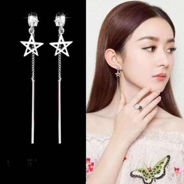 S925 sterling silver anting-anting anting-anting gaya Korea pentagram zirkon menjuntai anting-anting