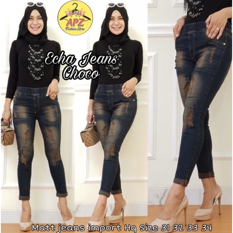 (27-38) ECHA JEANS CHOCO | JEANS SOBEK TIDAK TEMBUS APLIKASI LIST | LGG LIST