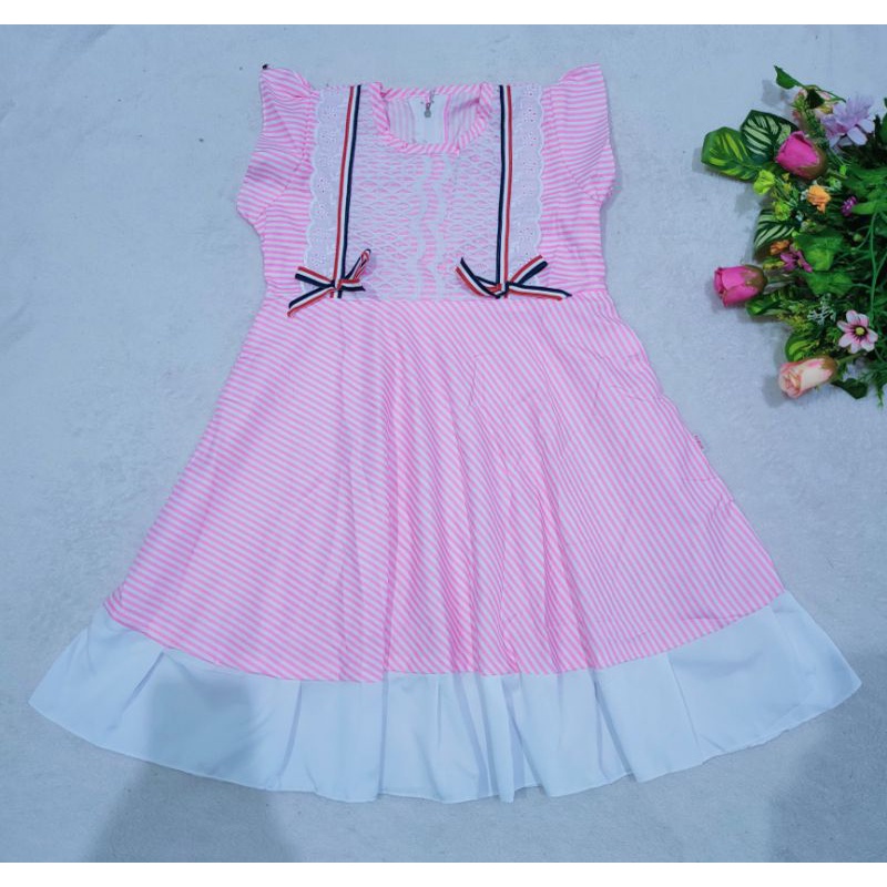 Dress Anak 4 5 Tahun motif strip brokat Renda Putih perempuan murah biru hitam Hijau pink merah Fatonah shop terbaru baju Grobogan (Dress BrokatStrip XL)