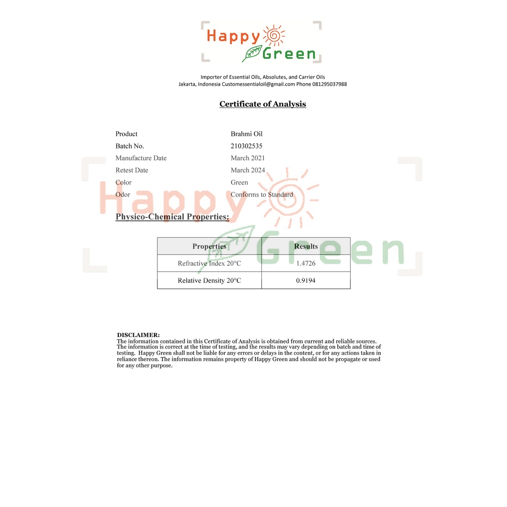 Happy Green Brahmi Oil - Minyak Centella asiatica dan Bacopa Oil