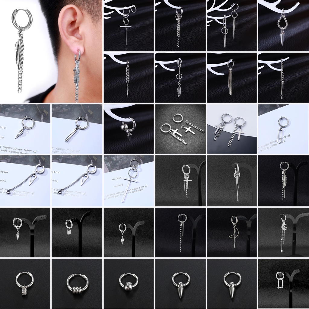 38 Styles Korean Fashion Cross Leaf Cone Single Steel Color Stainless Steel Men's Ear Clip Earrings Hip Hop Punk Rock Jewelry Non-pierced Stud Earrings Accessories