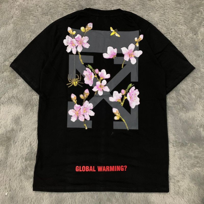 KAOS T-SHIRT OFF WHITE CERRY BLOSSOM HITAM PREMIUM HIGHT QUALITY