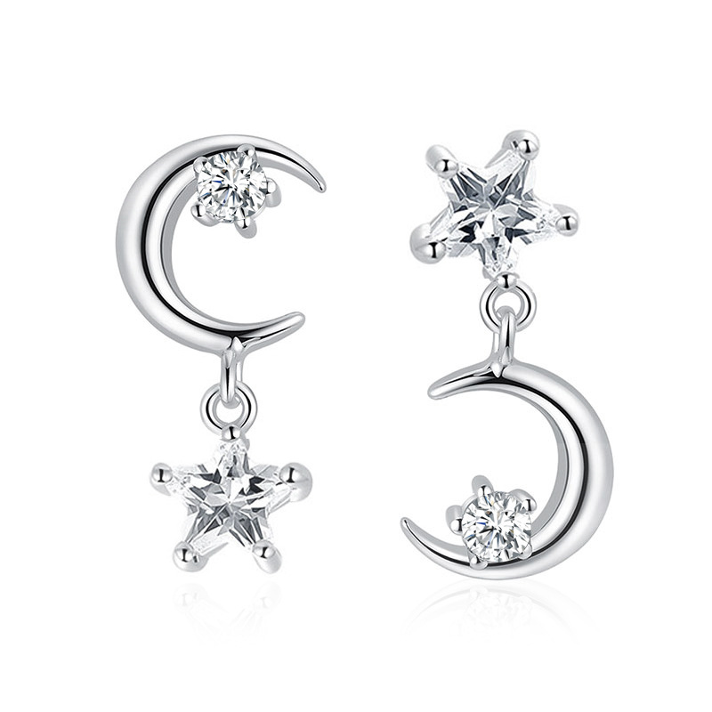 Anting Stud S925 Silver Needle Bentuk Bulan Bintang Asimetris Bahan Zirkon Hypoallergenic Gaya Korea