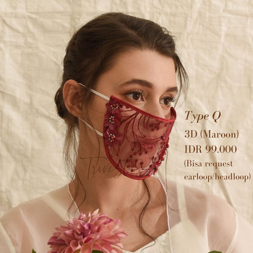 Masker Mika untuk wedding/pengantin - MASKER BROKAT MASKER PREMIUM ANTI AIR- warna maroon -tipe Q