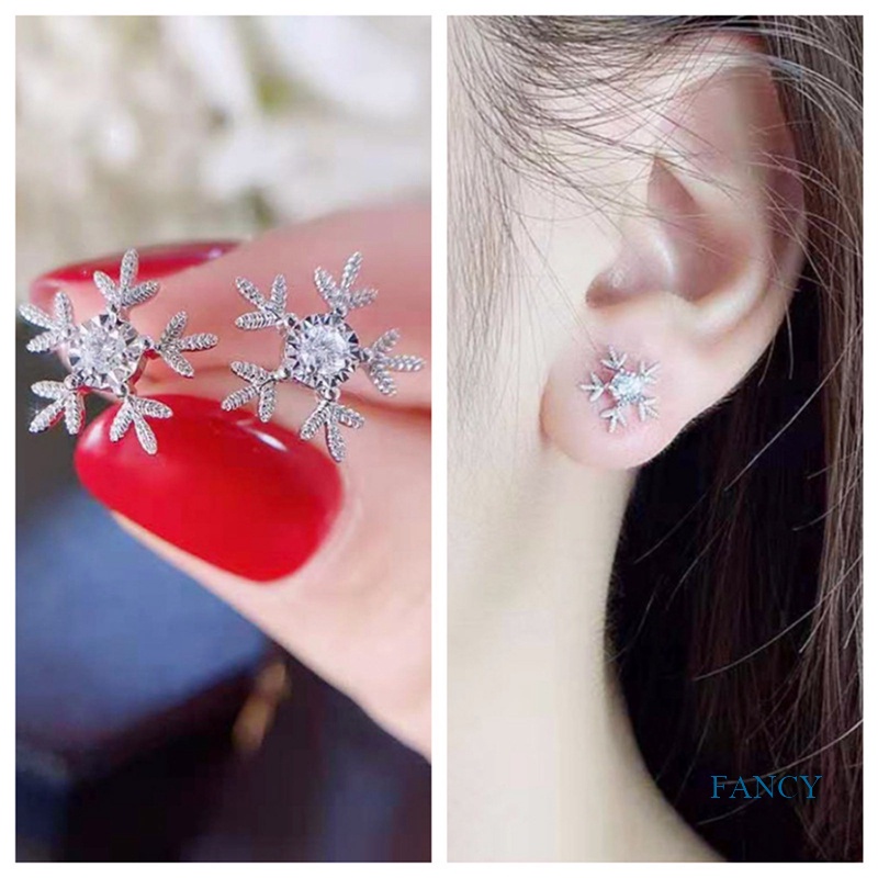 Anting Stud Desain Kepingan Salju Warna Silver Untuk Wanita