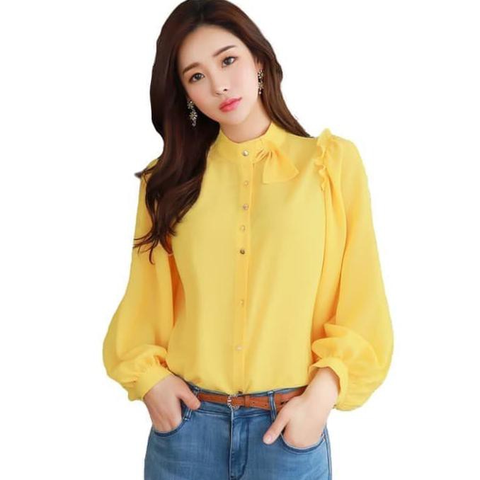 FASHION WANITA  BAJU KEMEJA TANGAN PANJANG WANITA GAYA KOREA MODEL TERBARU - HEREN, KE - KUNING, M