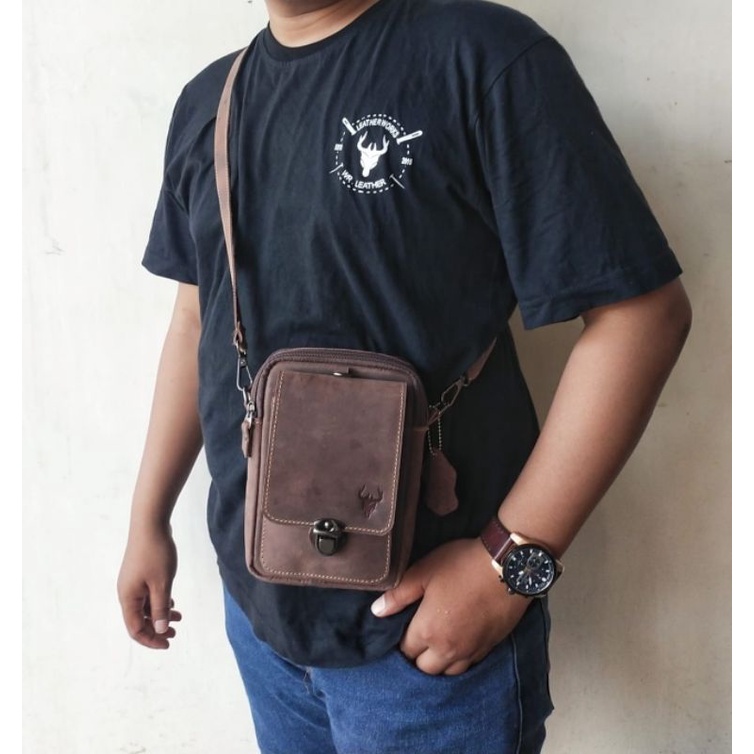 Tas selempang pinggang pria elegan full kulit sapi asli crazy horse