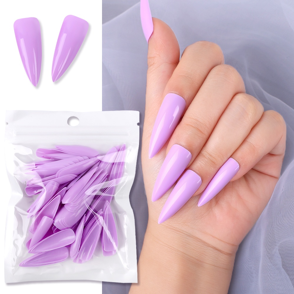 100pcs / Set Kuku Palsu Akrilik Panjang Full Coverage Warna Polos Untuk Nail Art / Manicure DIY