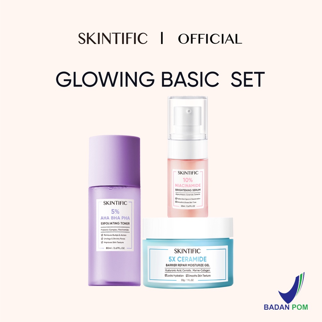 SKINTIFIC 3 pcs Paket Skincare with toner -  4D Hyaluronic Acid (HA) Barrier Essence Toner & 5X Ceramide Barrier Repair Moisturize Gel & 10% Niacinamide Brightening Serum 20Ml & 5% Aha Bha Pha Exfoliating Toner & 5X Ceramide Soothing Toner 80ml-glowing set