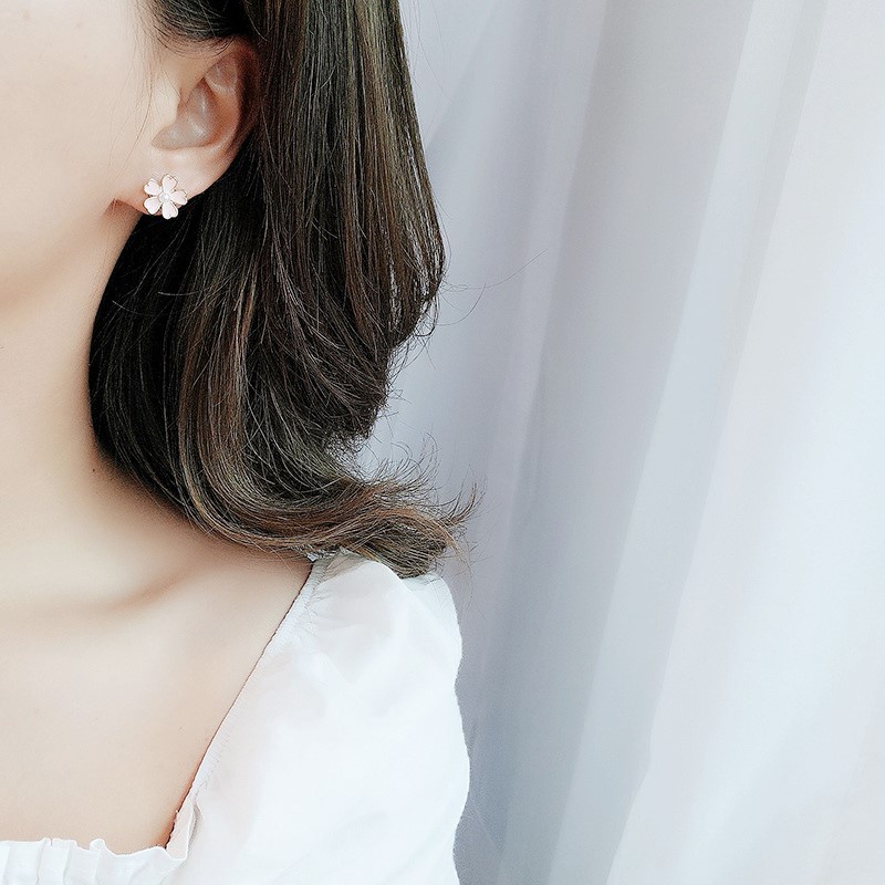 Anting Tusuk Gantung Desain Bunga Pink + Mutiara Gaya Korea Untuk Wanita