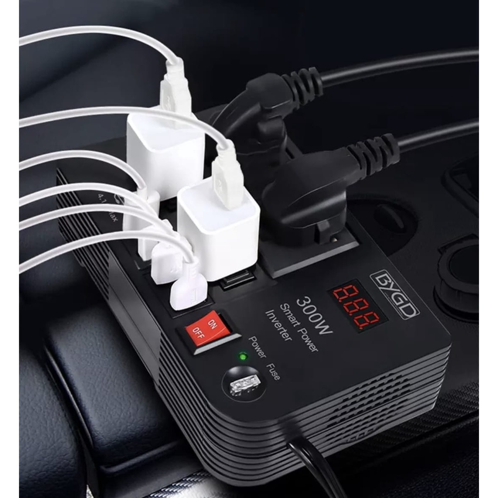 Inverter Mobil 300watt Car Power Lighter 4 soket power &amp; 4 usb 4.1A