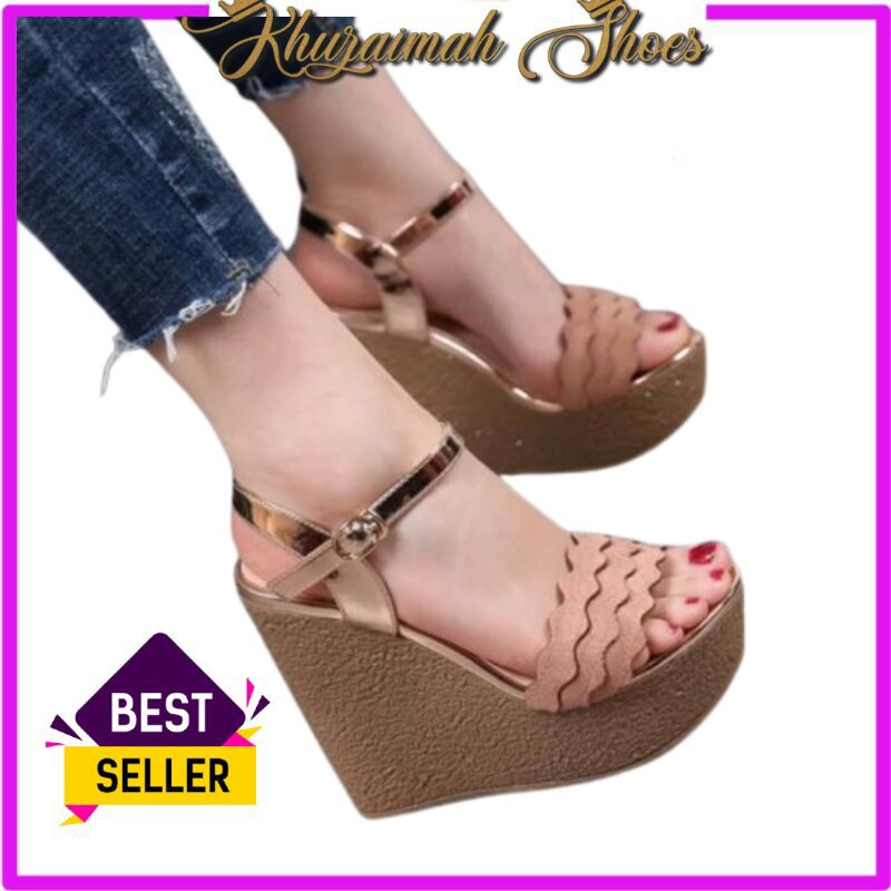 Sandal Wedges KZM RM01 Mocca / Hitam Tinggi 11 Cm