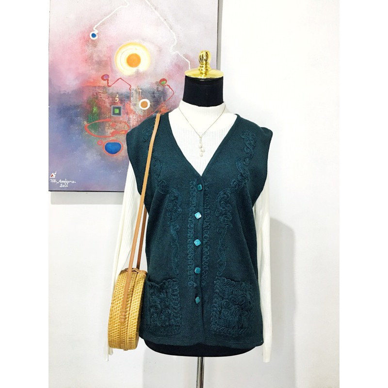 vest rompi rajut bordir sulam corak vintage olive hijau army tosca korea