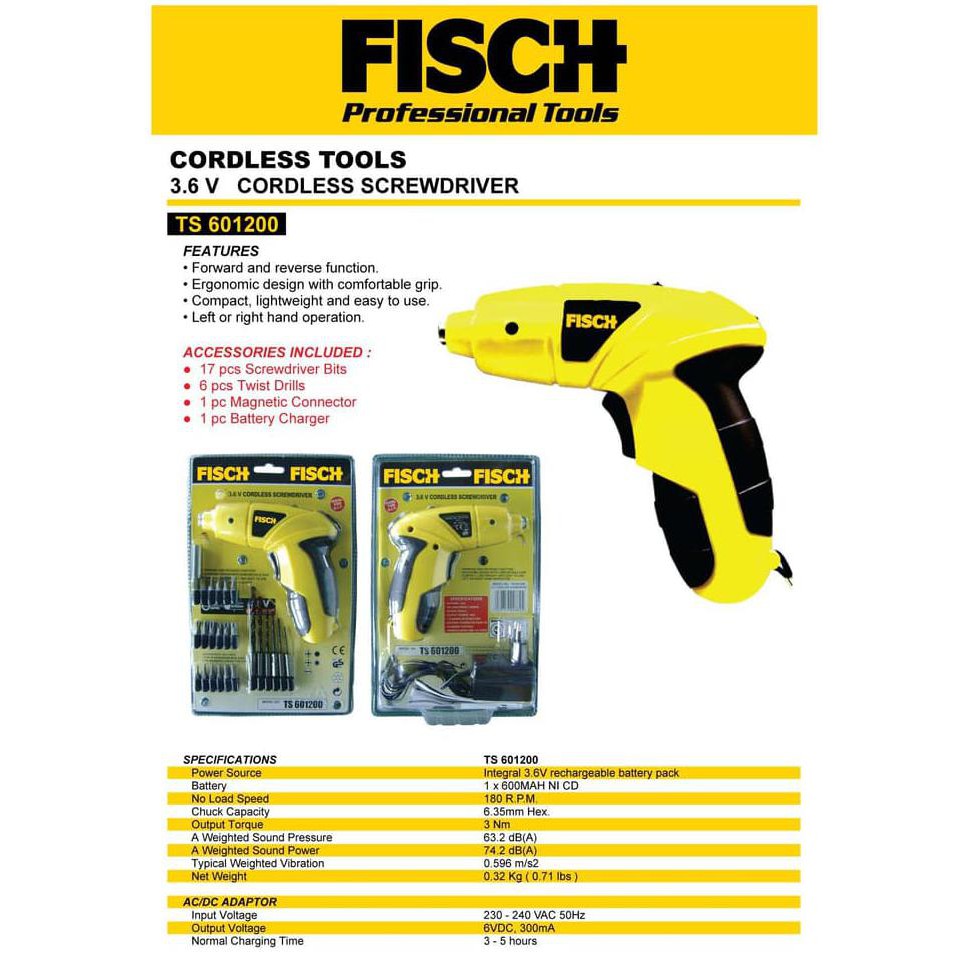 Cordless Screwdriver / Mesin Obeng / Mesin Bor Portable FISCH TS601200
