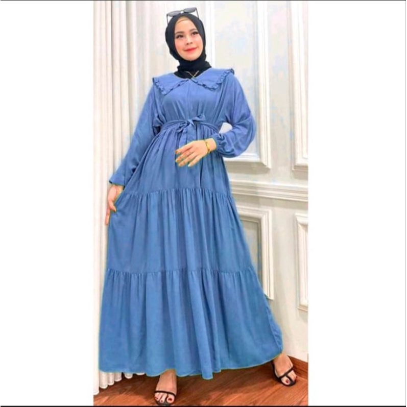 GAMIS RAYON POLOS TERMURAH BUSUI || GAMIS RAYON SYARI PREMIUM FELISHA HOMEY DRESS || GAMIS RAYON KERAH-Biru muda