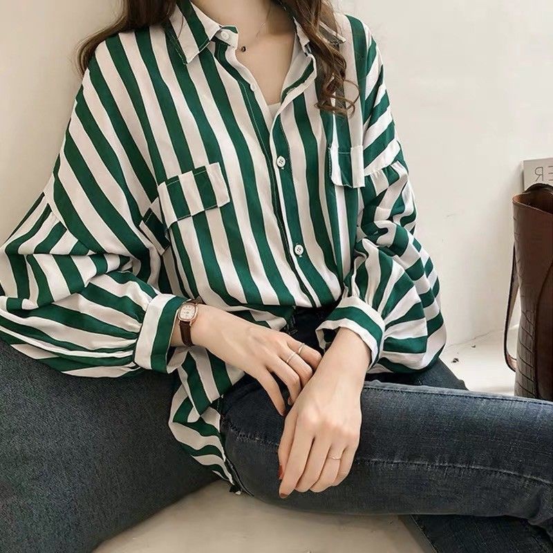 Kemeja Wanita Lengan Panjang Cassual Oversize Jumbo Motif Stripe Ada Kantong Import Murah BestSeller-5