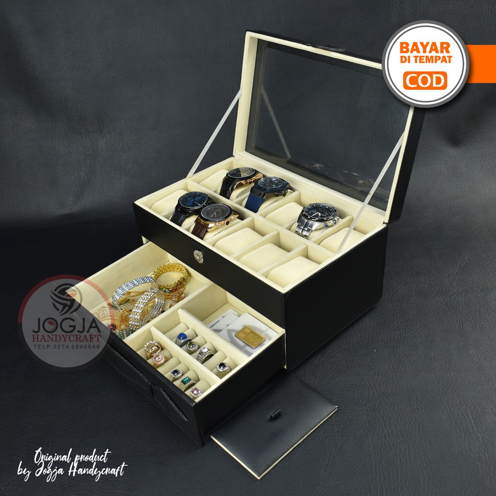 Kotak Tempat Jam Tangan isi 12 Laci Tempat Perhiasan Watch Box Accesories Organizer Jogja Handycraft