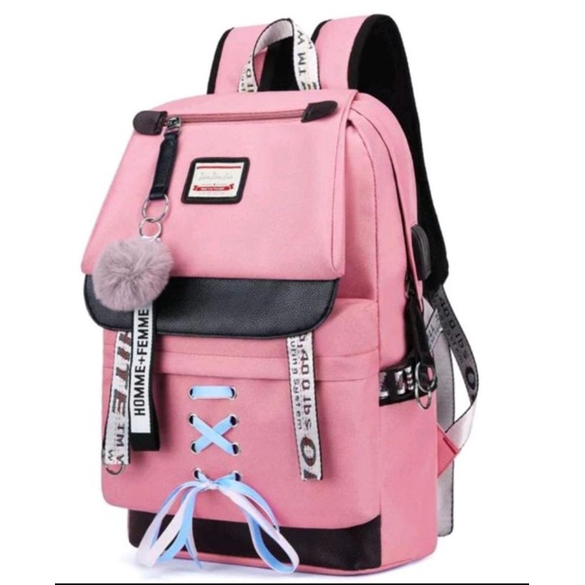 Tas Sekolah Ransel Backpack Cowok Cewek SMP SMA SMU Kuliah Murah Kent Kent kanvas-Pink