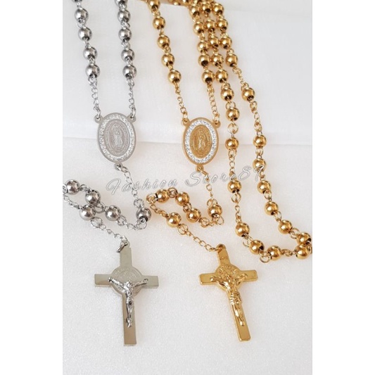 Kalung Rosario Bunda Maria Titanium Kalung Doa Khatolik Bunda Maria Silver Gold Kombinasi Titanium antikarat Bestseller bestquality Kalung Rosario Permata Impor