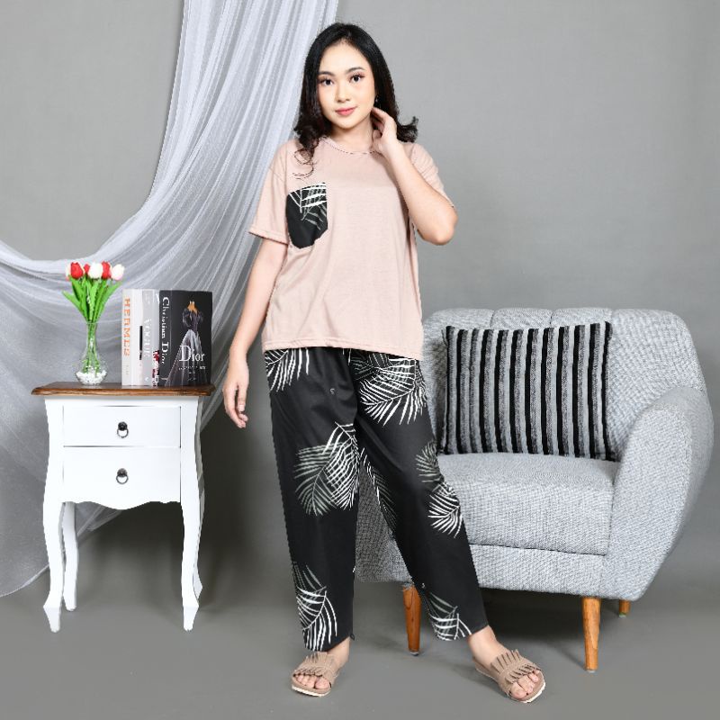 Baju Tidur Piyama Wanita/Cewek Dewasa CP Oblong Celana Panjang Kombinasi Kekinian-CP OBLONG BC.B OLIVE