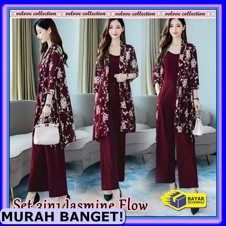 One Set Stelan Rajut Knit Salur Garis Nagita Premium Import Bangk JP152 Set 3In1 Jasmine Flow Maron