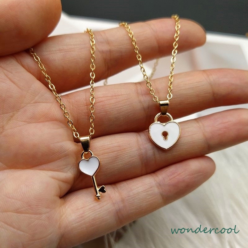 2 Pcs Fashion Wanita Trendi Kunci Liontin Link Rantai Kalung Hati Pasangan Pecinta Kalung-Won