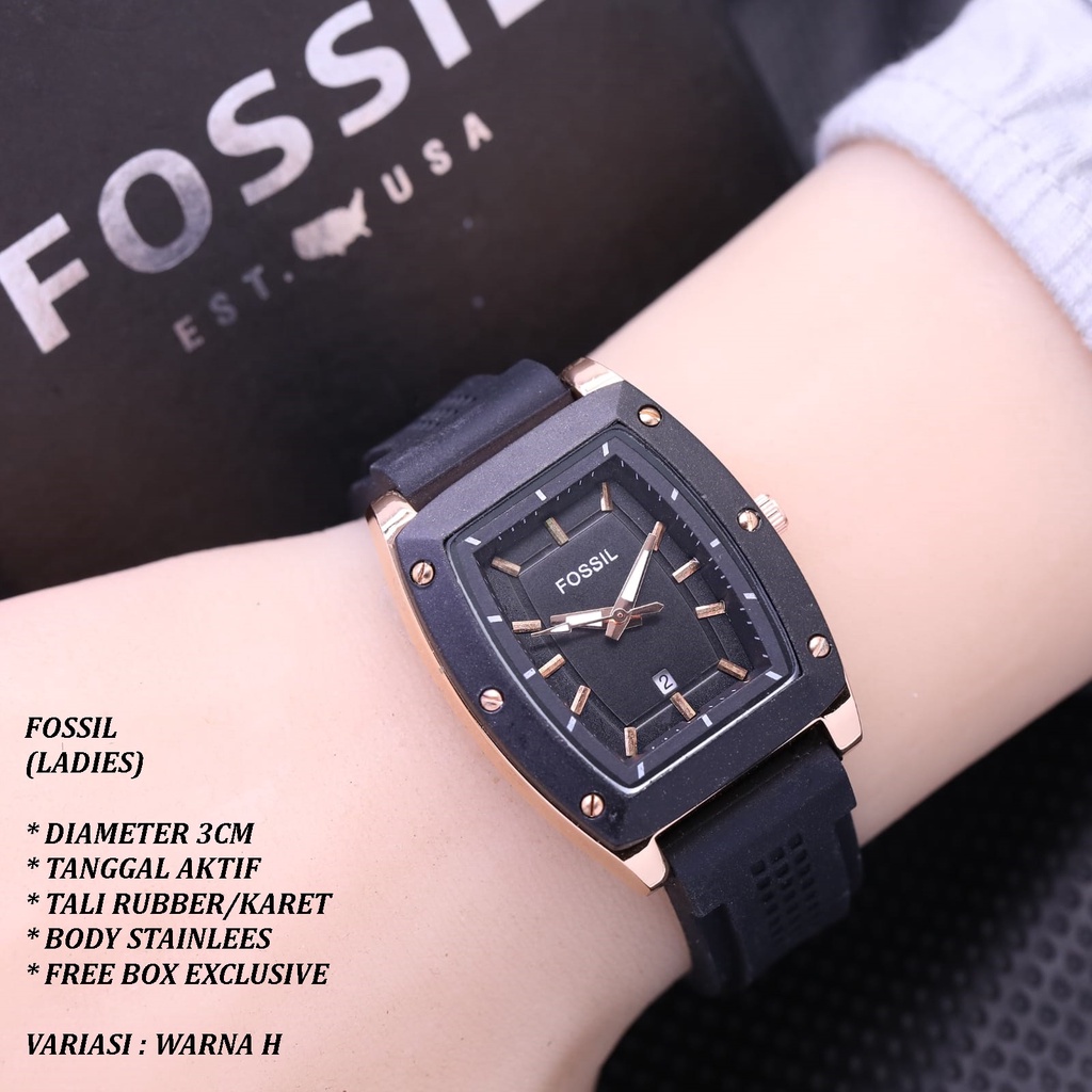 (FREE BOX) JAM TANGAN WANITA FASHION TALI RUBBER BODY OVAL BALOK TANGGAL AKTIF