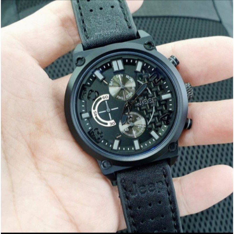 Jam Tangan Pria Jeep 7115 Premium Tali Kulit Crono Aktif -  Free Box Batre Cadangan Original