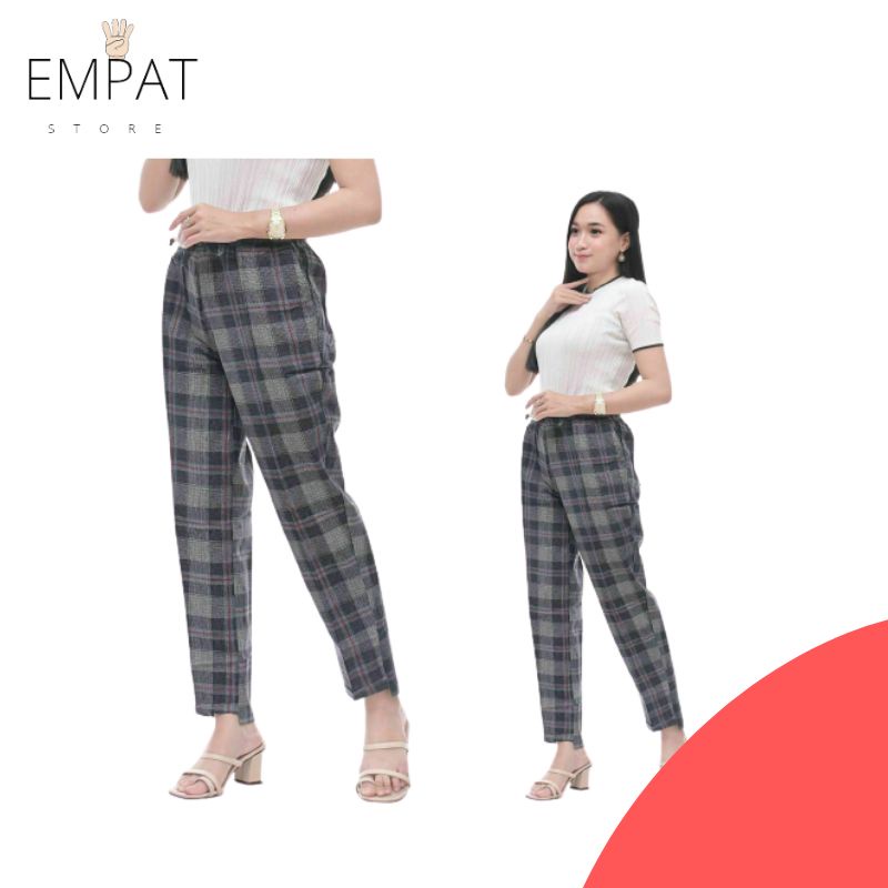 Celana Wanita Kekinian Motif Kotak Cantik Baggy pants Bahan katun Rami Original