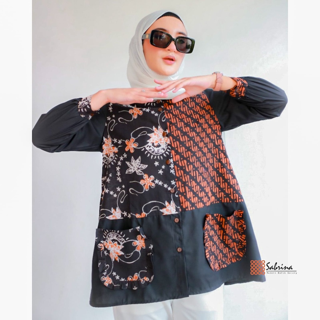 Malvi Blouse Batik Cap Kombinasi Cantik Elegan Busui Tangan Panjang