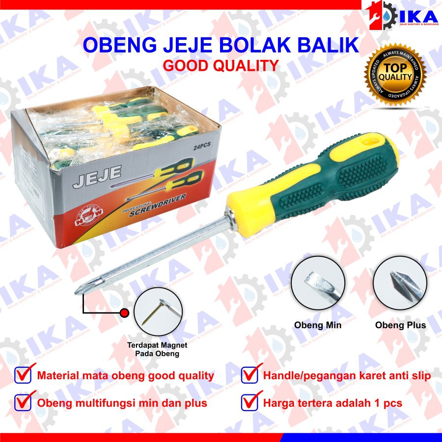 Obeng Bolak balik 4&quot; obeng gagang karet hijau kuning 4 inci