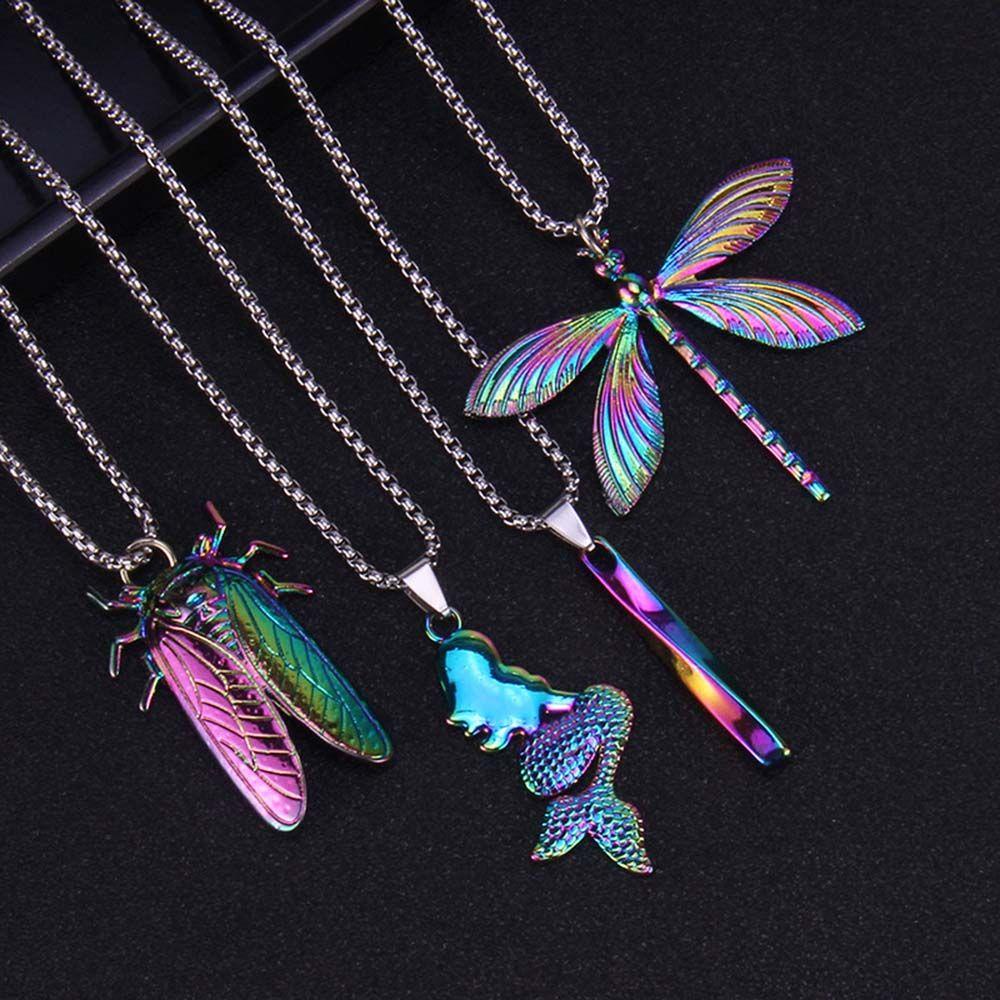 R-bunga Dipadamkan Kalung Warna-Warni Multi-Lapisan Memakai Paduan Rantai Capung Perhiasan Menarik Kolom Spiral Mermaid Pendant Cicada Pendant Necklaces