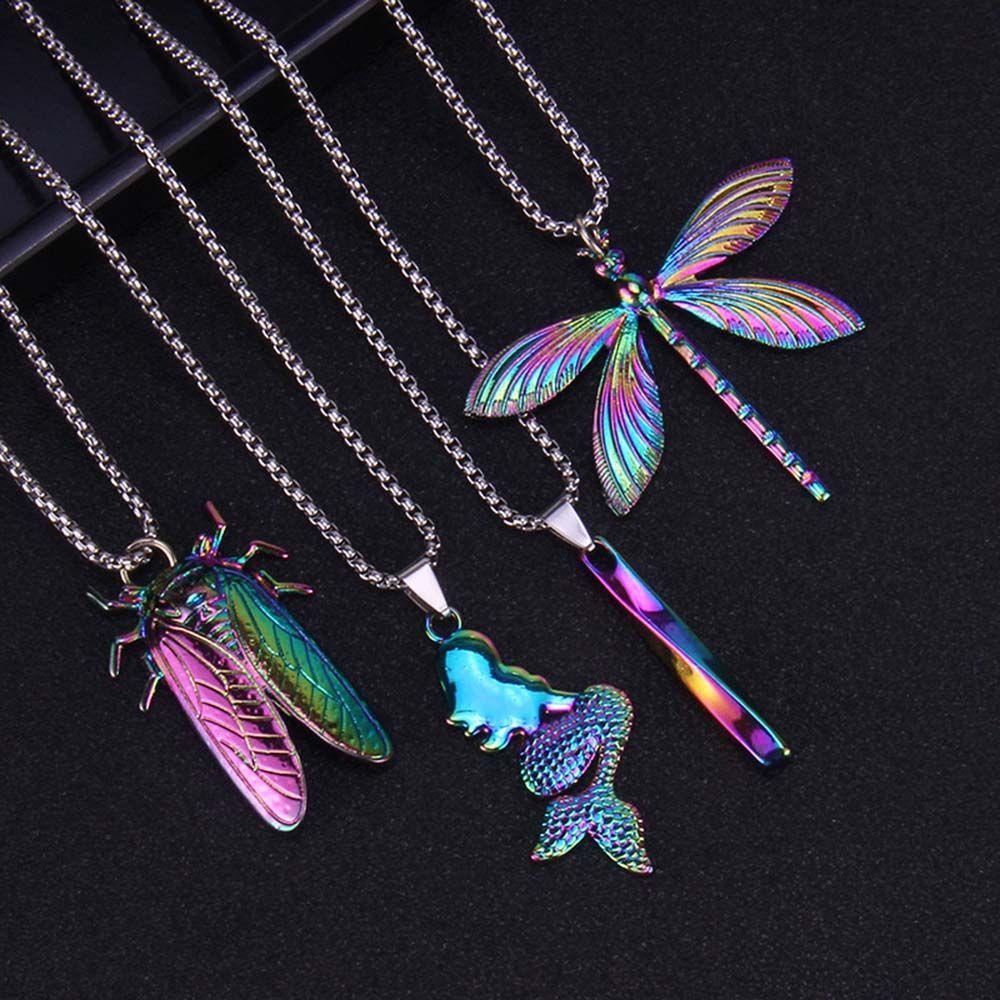 Nanas Dipadukan Kalung Warna-Warni Multi-Lapis Memakai Hip Hop Rantai Hadiah Hari Valentine Kolom Spiral Mermaid Liontin Punk Kalung Cicada Liontin Kalung