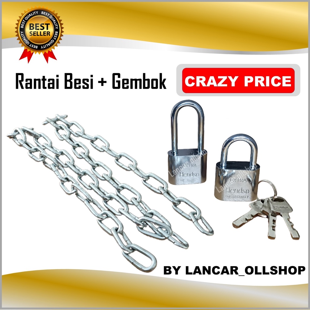 Gembok Rantai 100 Cm Kunci Pengaman Motor Sepeda Pagar Rumah Besi 1/8&quot;  3 MM Galvanis / 1 Paket Gembok 30 MM