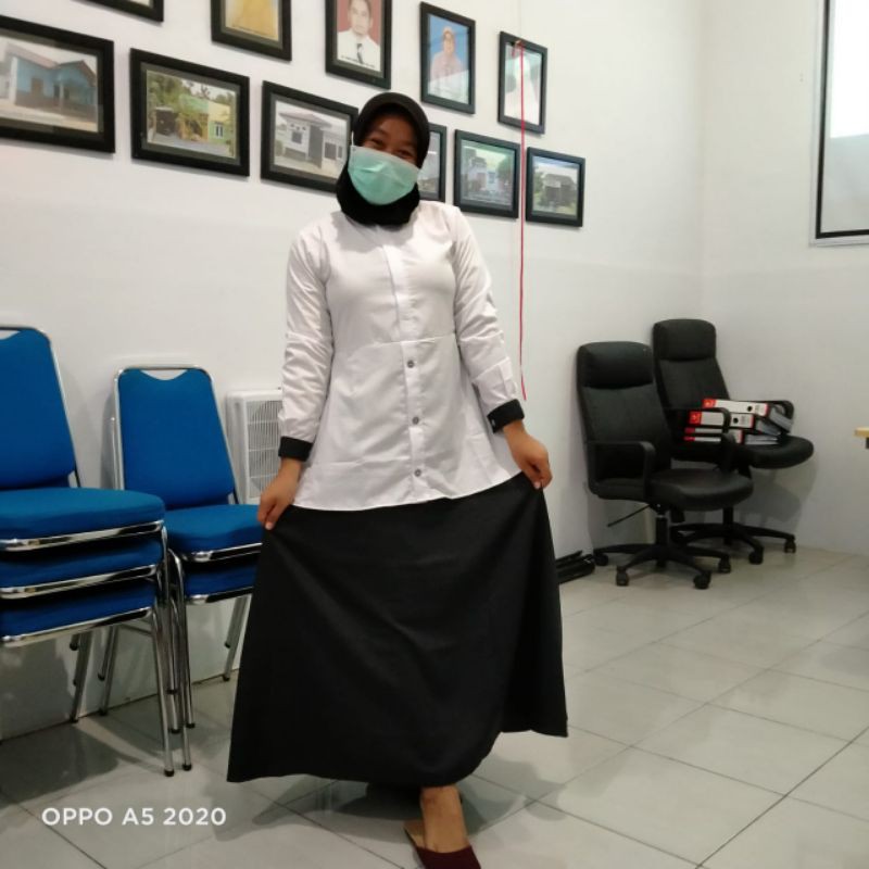 Baju Gamis Wanita Muslim Seragam Kantor Hitam Putih Murah Katun Toyobo Formal Wawancara Tes Kerj-Hitam putih set