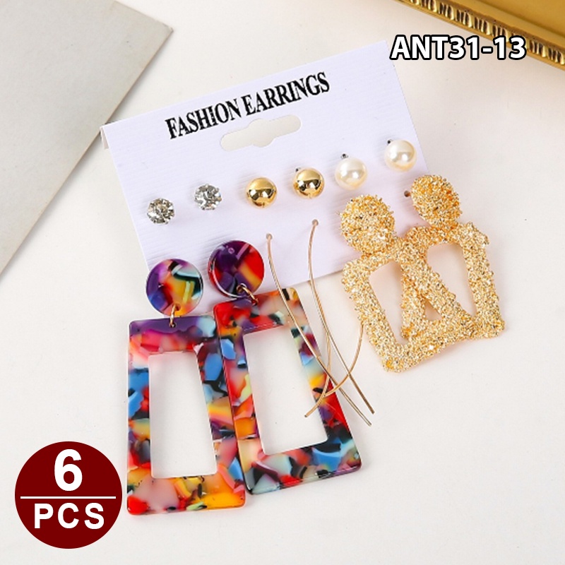 1set 6pasang Anting Wanita korea Tusuk Gantung Desain Geometri Rumbai Alloy fashion import ANT31-ANT31-13