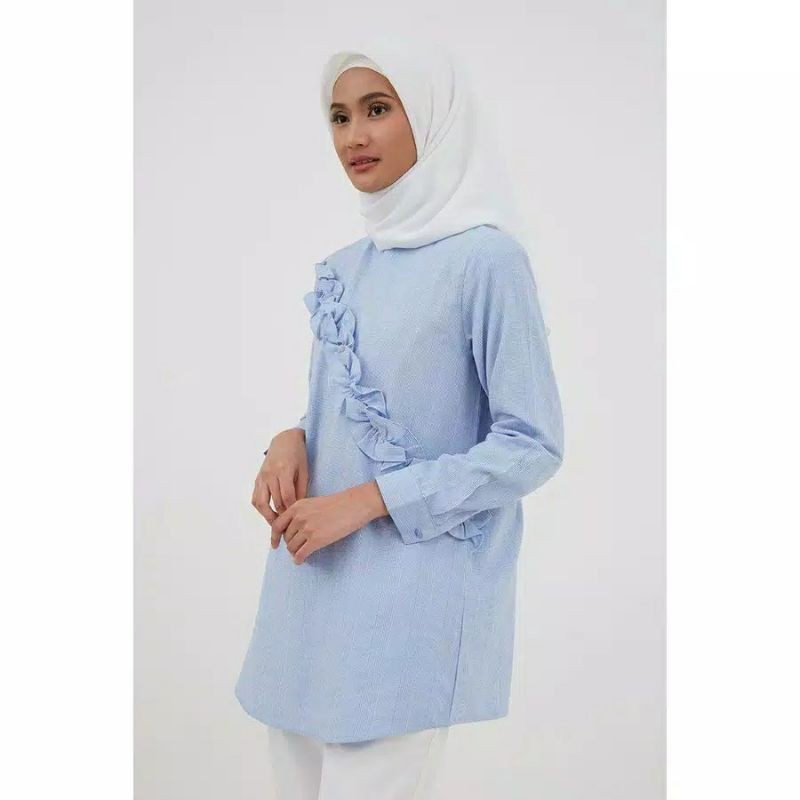 Hijabenka tunik katun tebal blue motif kotak kecil size S