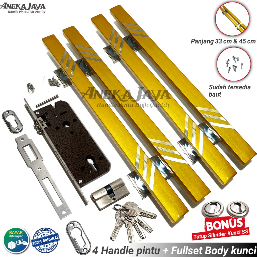 Satu set kunci handle Pintu rumah Panjang 33 cm &amp; 45 cm warna kuning / Gagang Pintu rumah / Pegangan